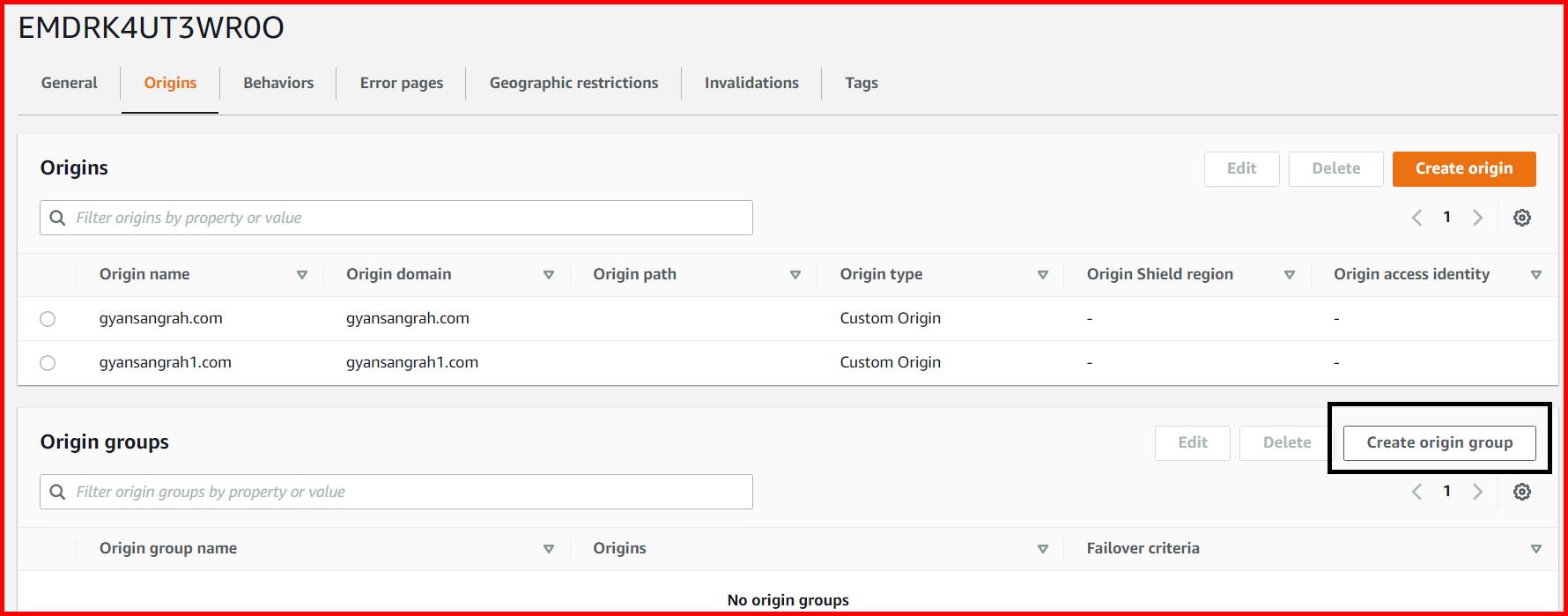 Picture showing the Create origin group button for creating the new origin group